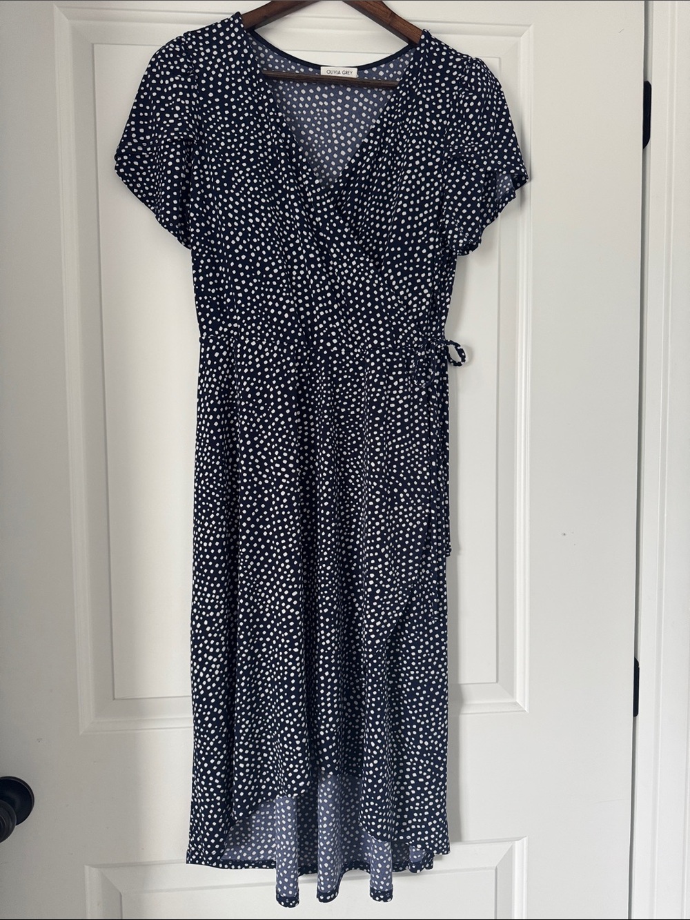 Olivia Sky Navy and White Polka Dot High-Low Wrap Dress